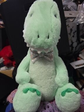 FAO Schwarz T-Rex Dinosaur With Bowtie Green 13" Plush Stuffed Animal